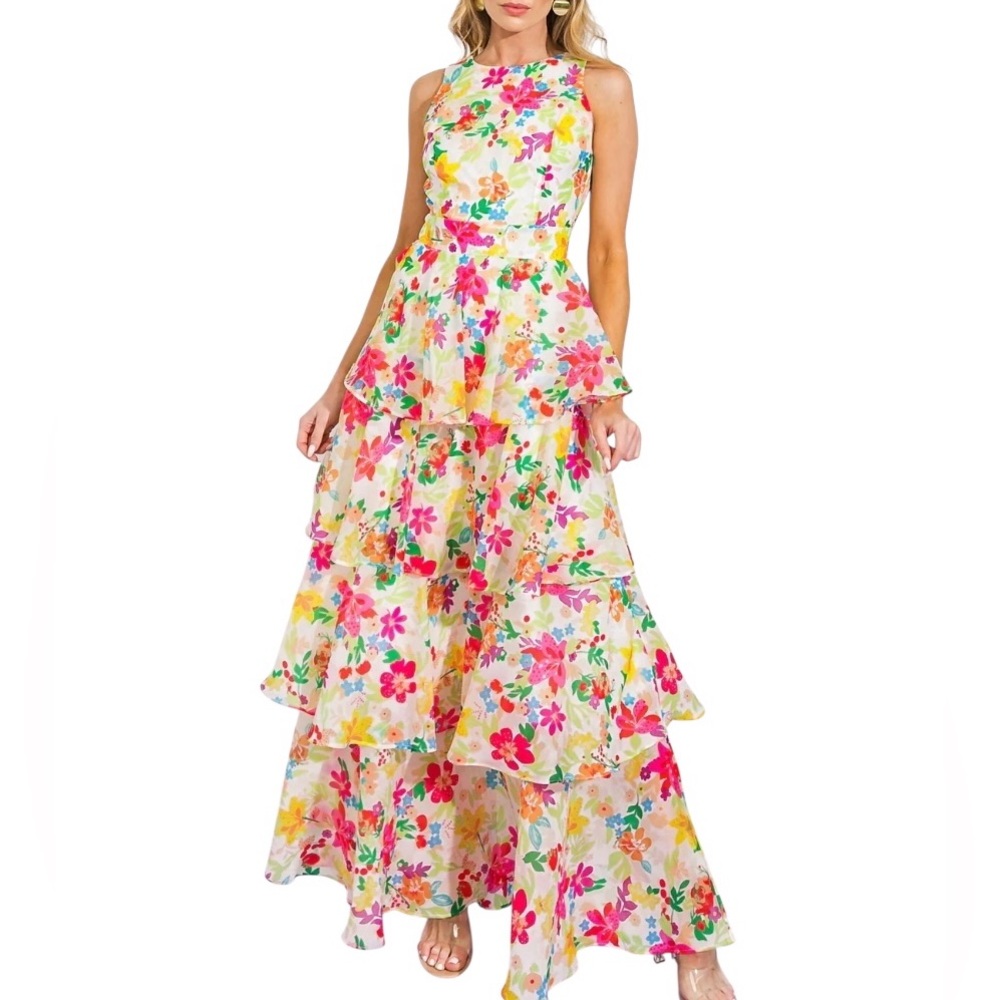 Flaying Tomato, Layered  Floral Maxi Dress